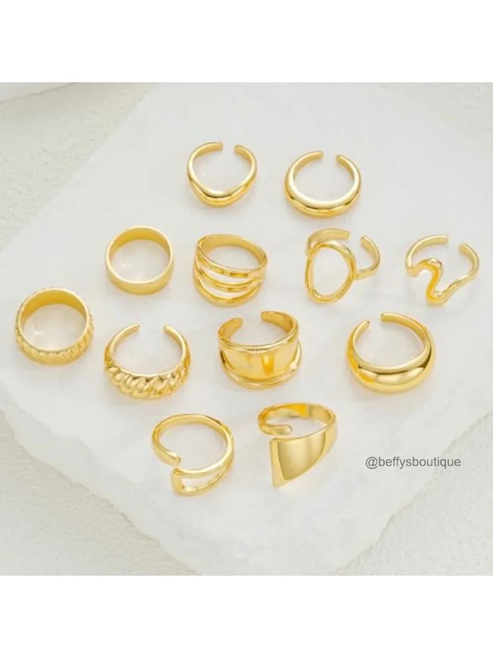 18K Gold Plated Stackable Rings Set - 12 Piece Chunky Band Rings for Women